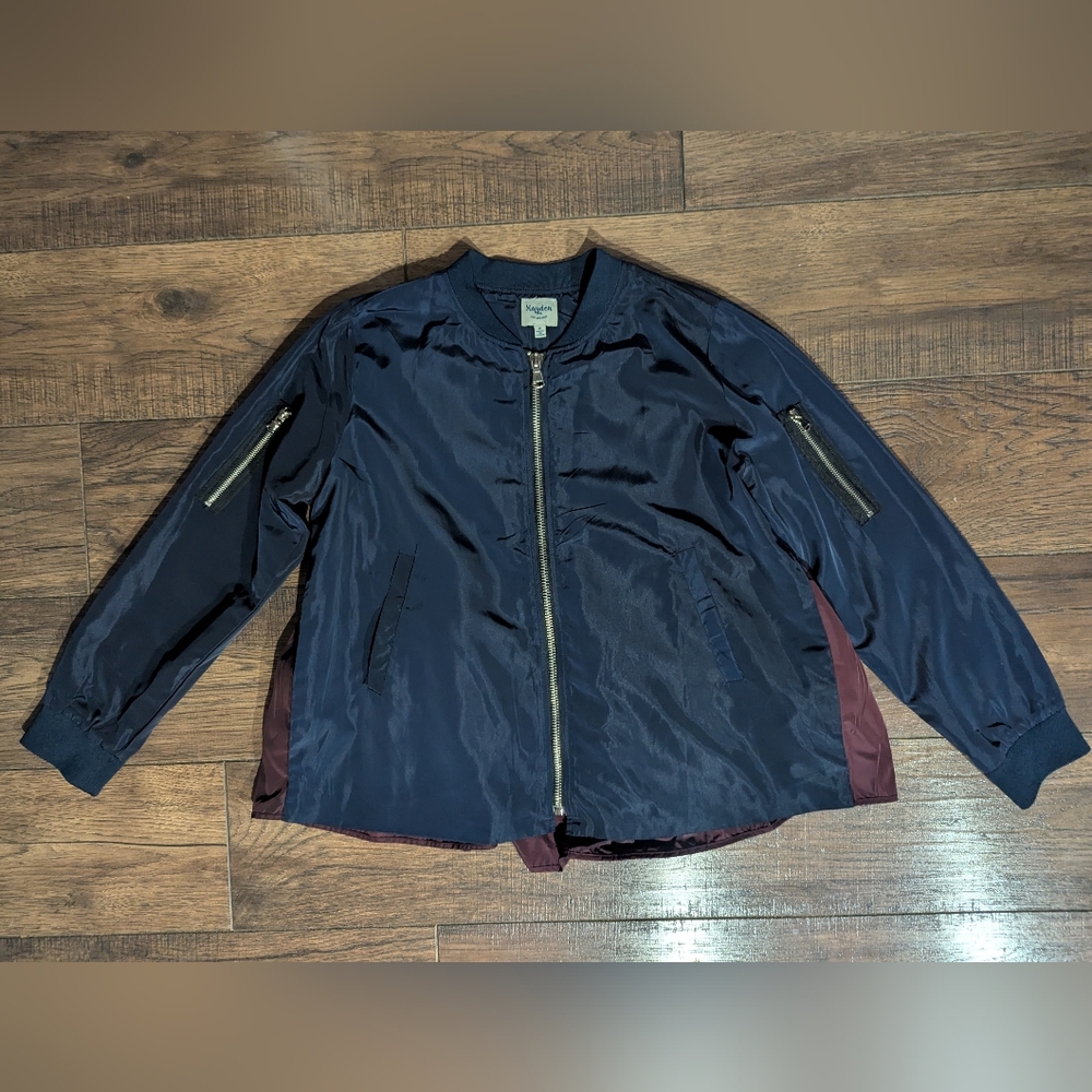 Hayden LA Navy Blue Softshell Jacket Burgundy Back Peplum Drawstring Accent Med